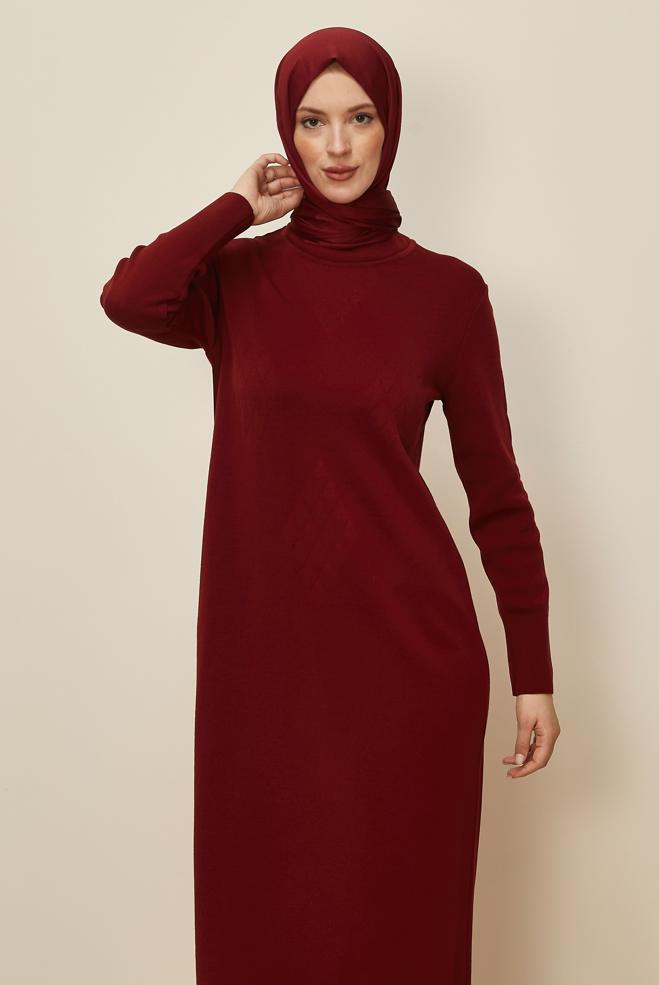 Tesettür giyim BORDO TRİKO ELBİSE 44922 - ALVİNA