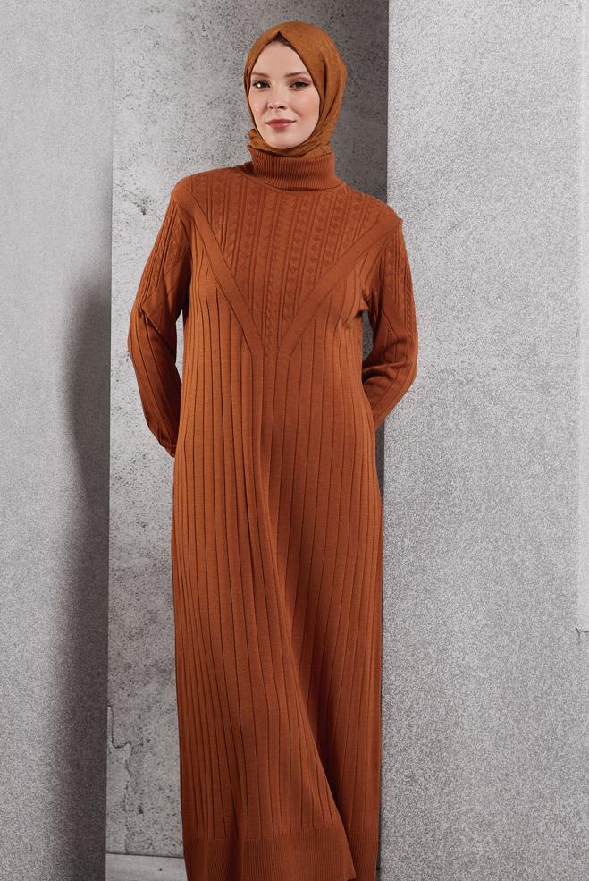 Vêtements hijab ORANGE ROBE EN TRICOT À COL ROULÉ 44923 - ALVİNA