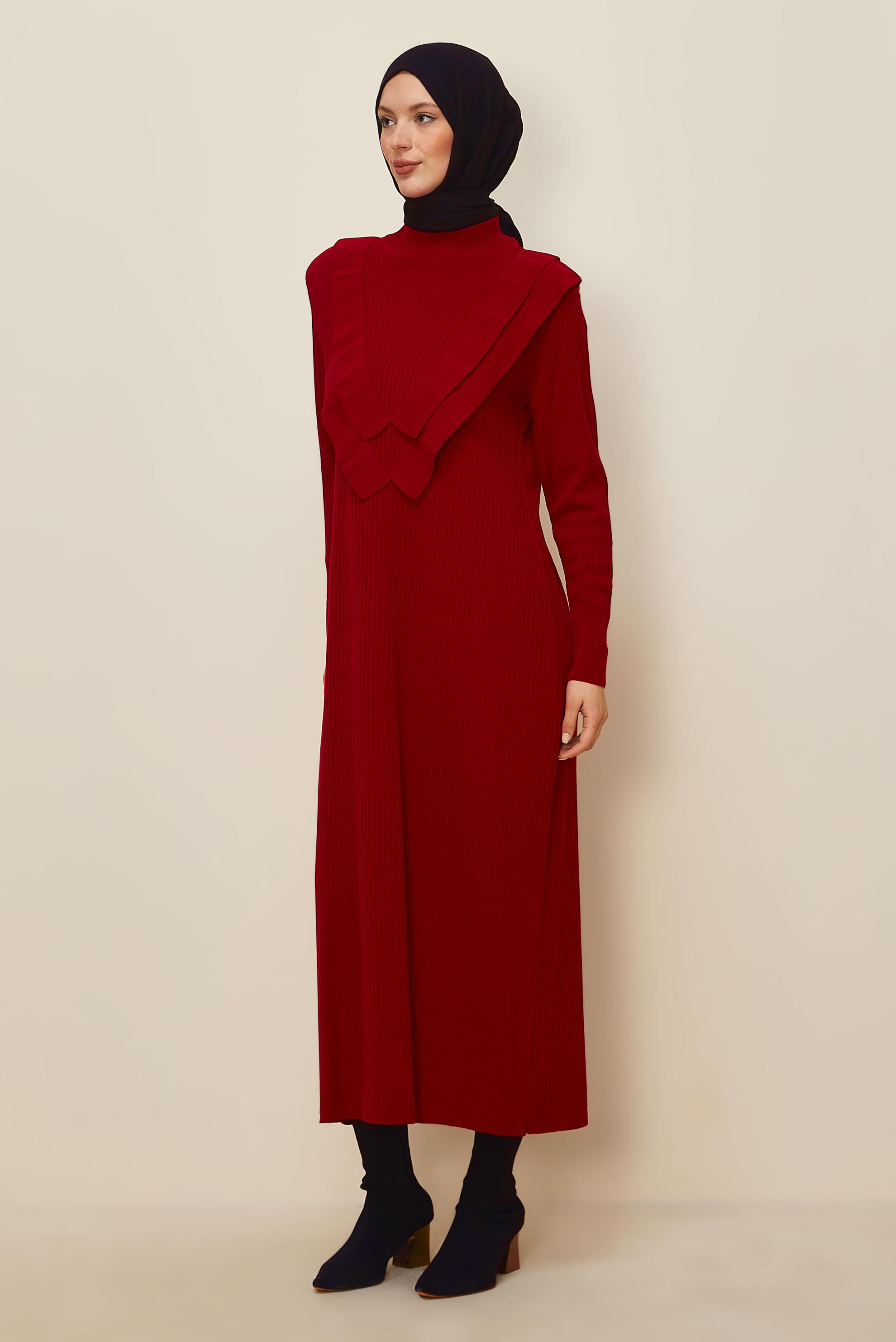Tesettür giyim KIRMIZI UZUN TRİKO ELBİSE 44924