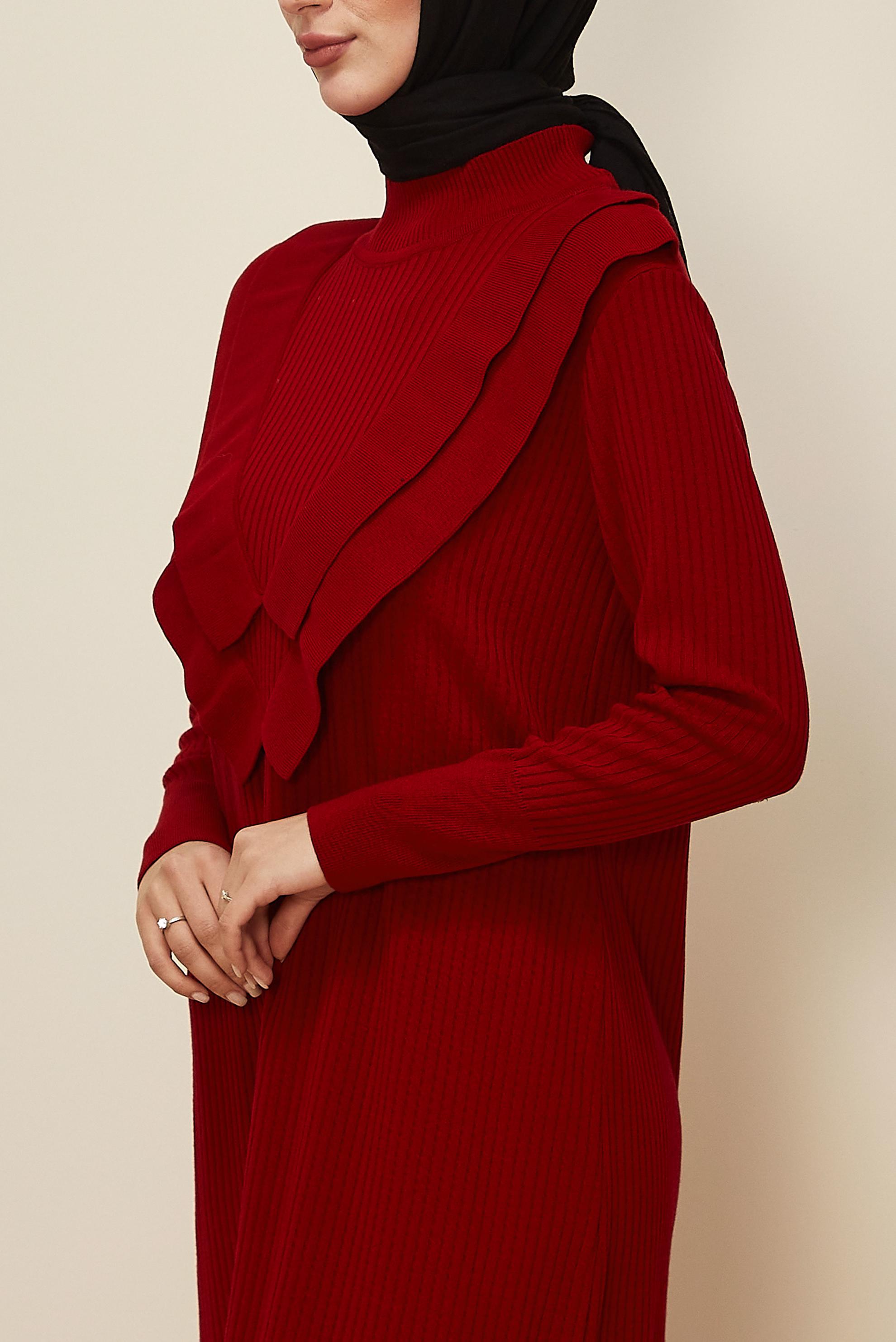 Tesettür giyim KIRMIZI UZUN TRİKO ELBİSE 44924