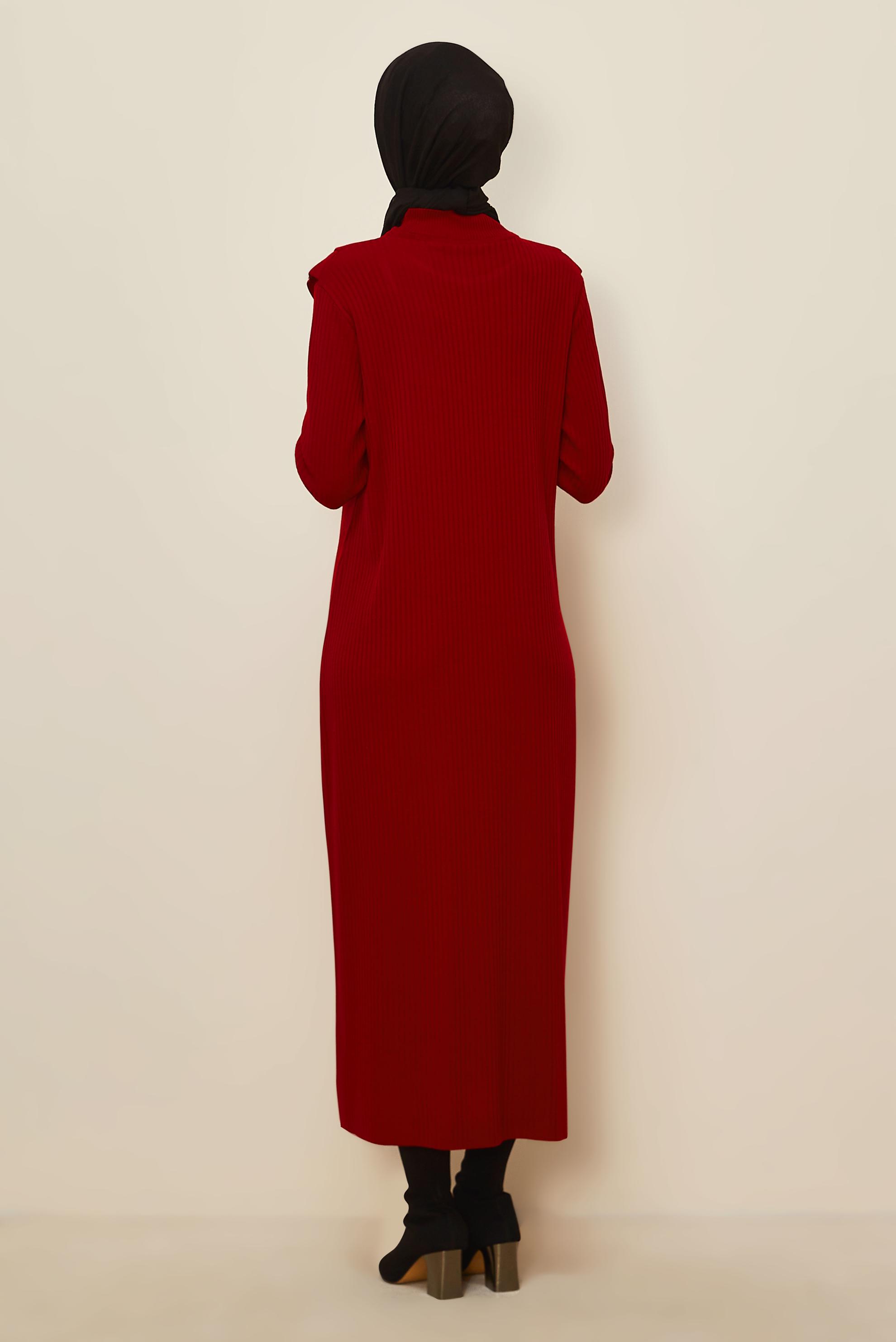 Tesettür giyim KIRMIZI UZUN TRİKO ELBİSE 44924