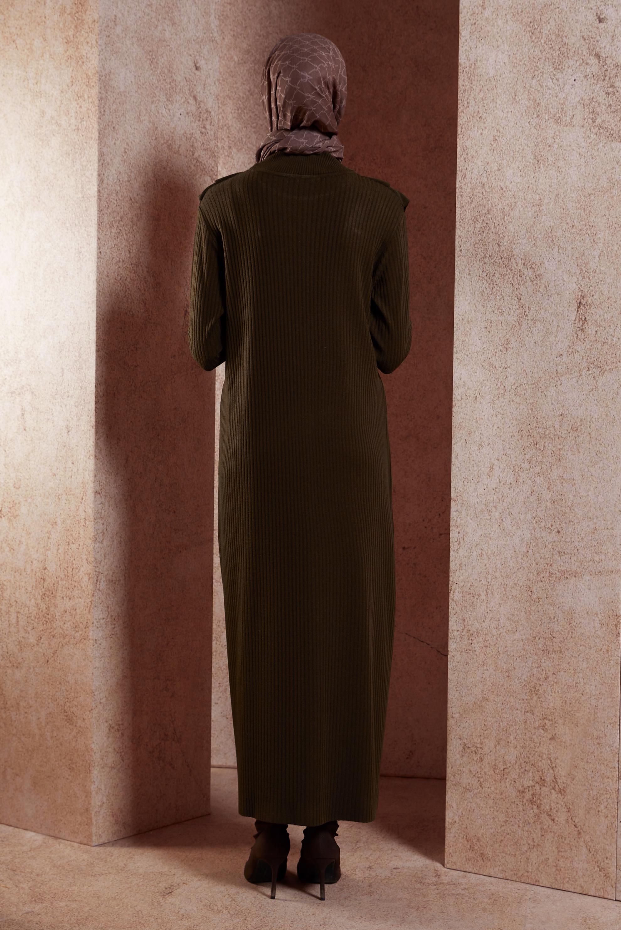 Tesettür giyim KAHVE UZUN TRİKO ELBİSE 44924