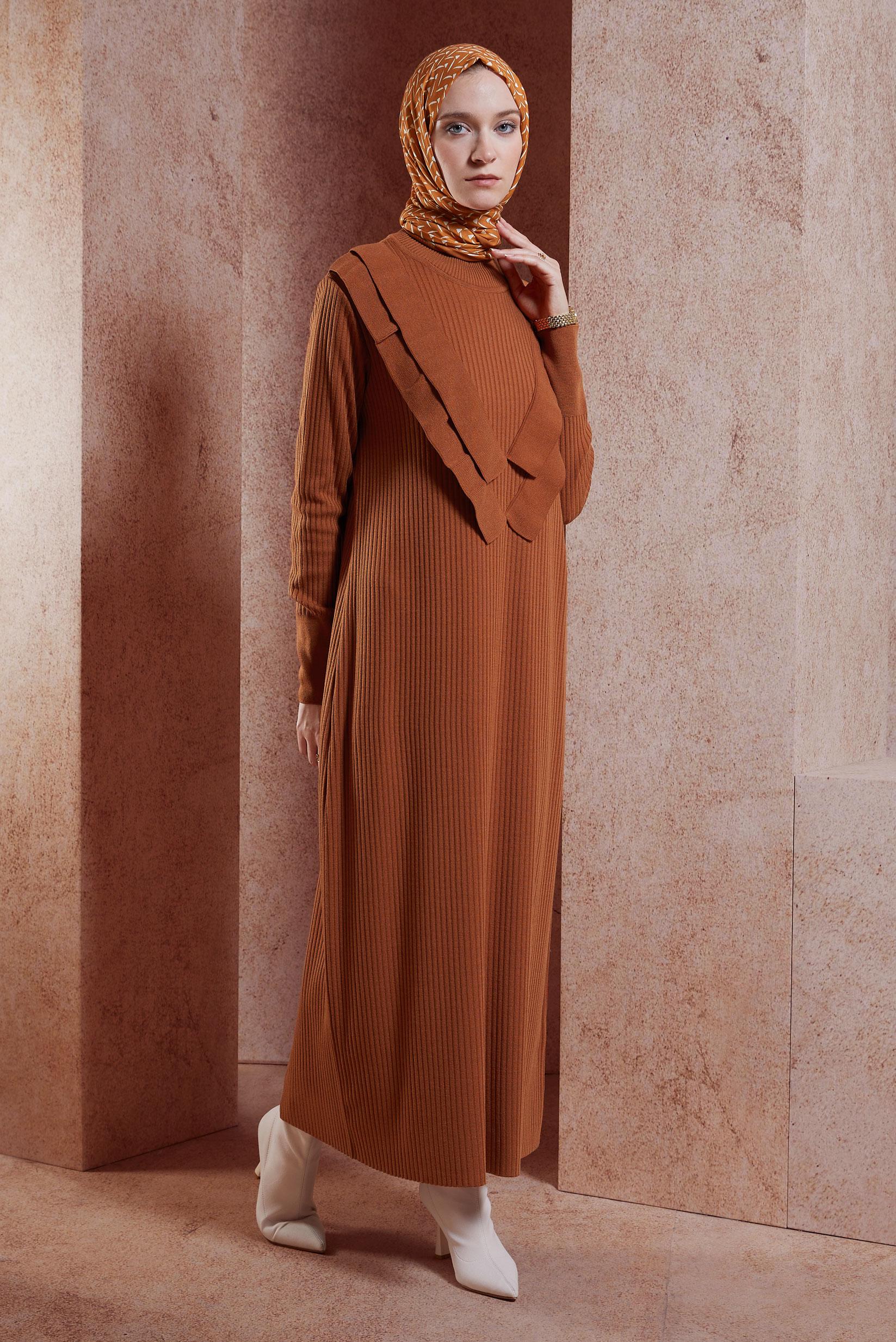 Tesettür giyim TURUNCU UZUN TRİKO ELBİSE 44924