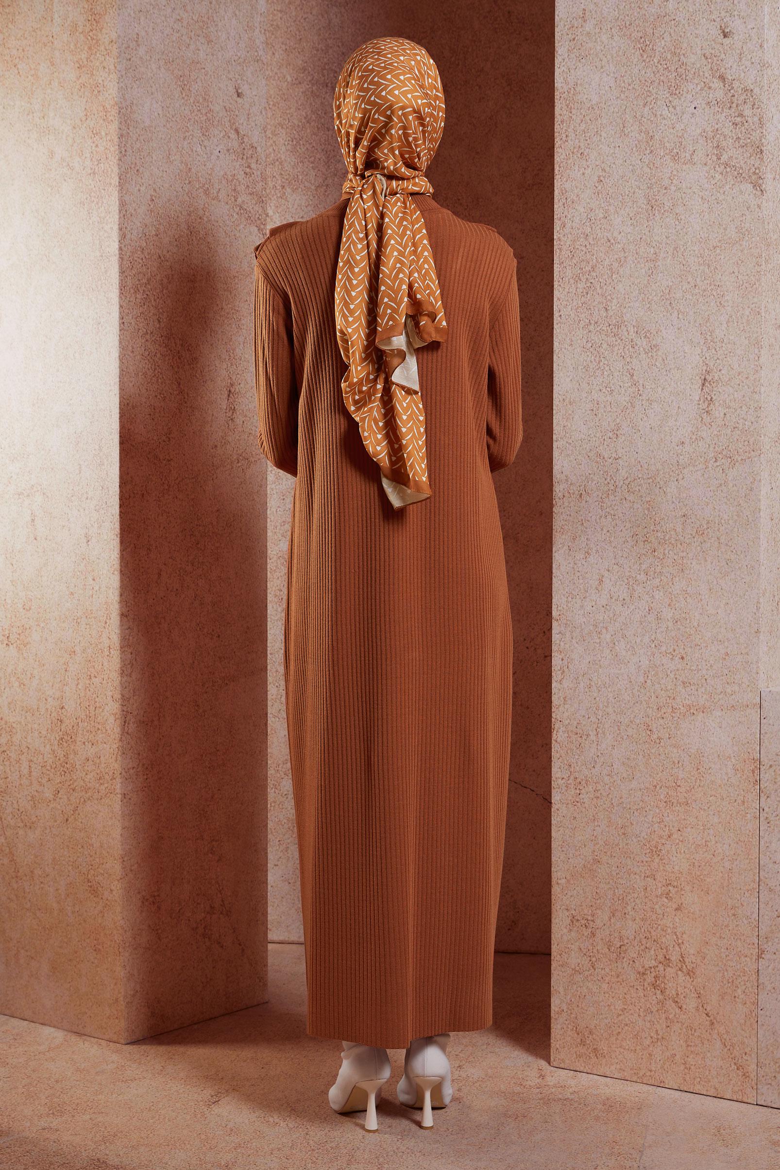 Tesettür giyim TURUNCU UZUN TRİKO ELBİSE 44924