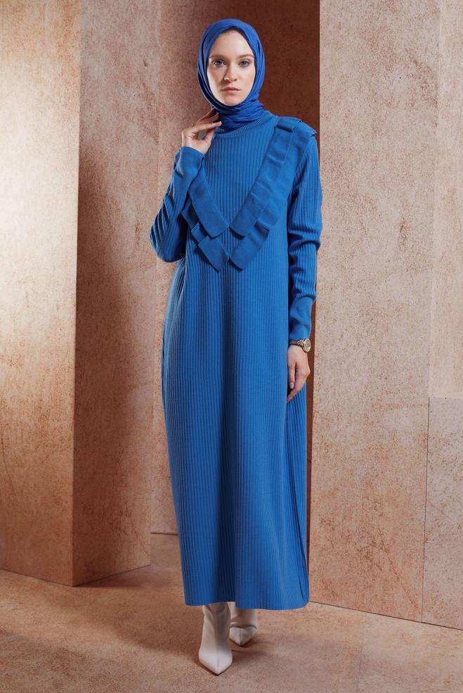 Tesettür giyim MAVİ UZUN TRİKO ELBİSE 44924 - ALVİNA