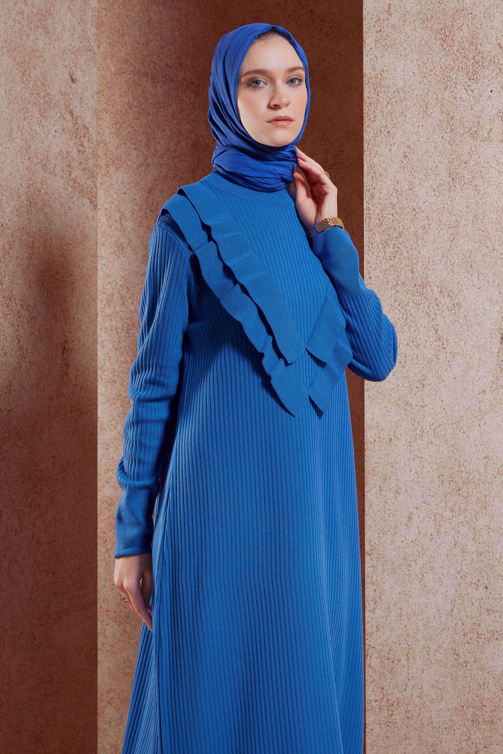 Tesettür giyim MAVİ UZUN TRİKO ELBİSE 44924