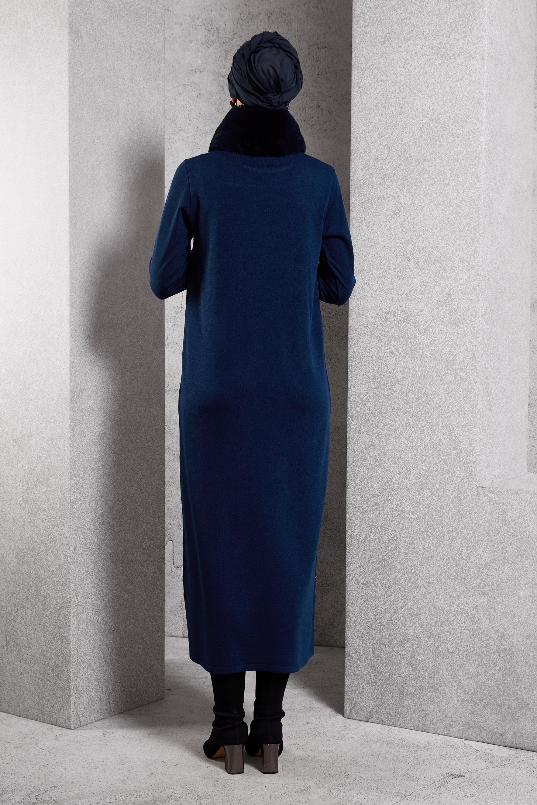 Tesettür giyim LACİVERT KÜRK DETAYLI TRİKO ELBİSE 44936