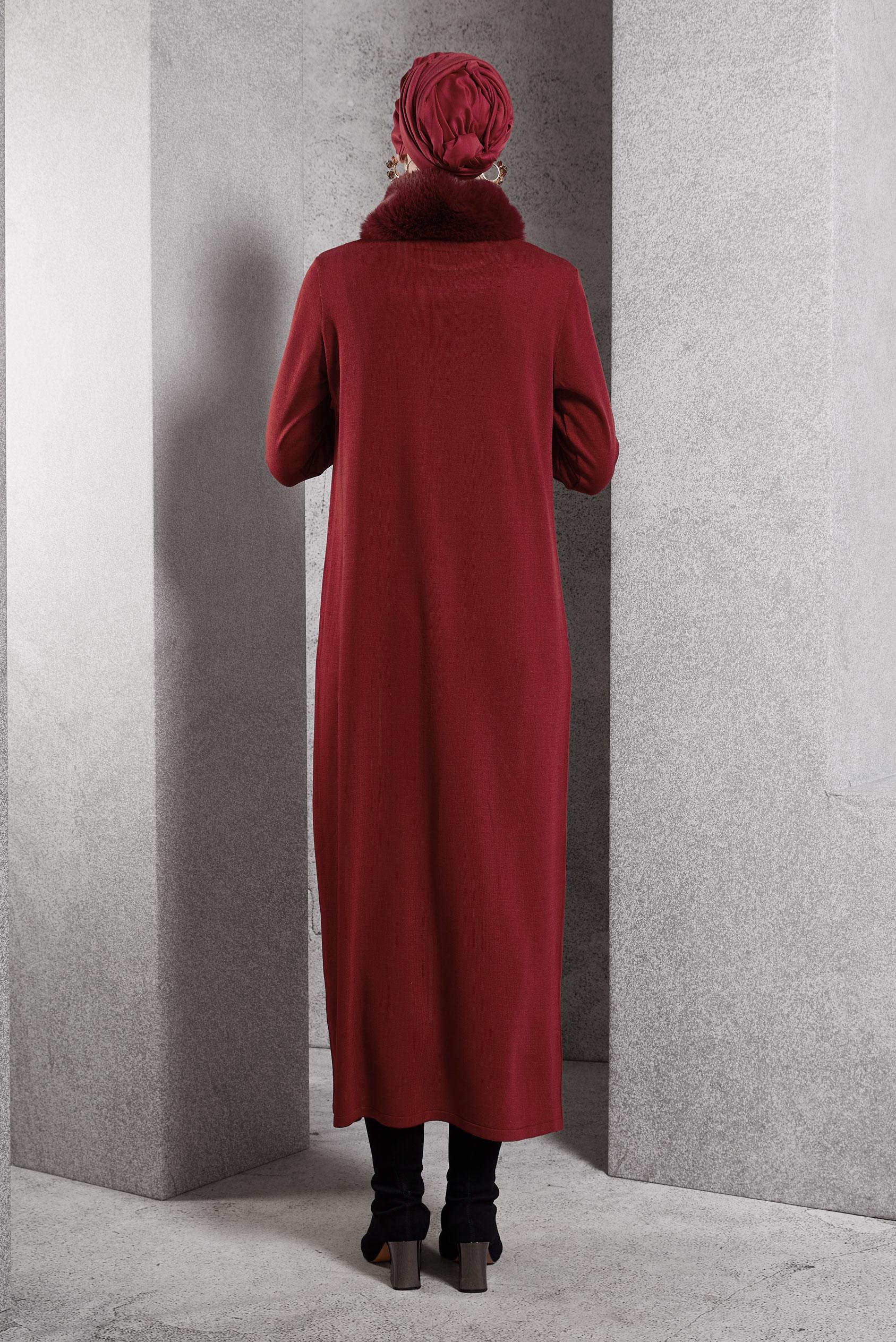 Tesettür giyim BORDO KÜRK DETAYLI TRİKO ELBİSE 44936