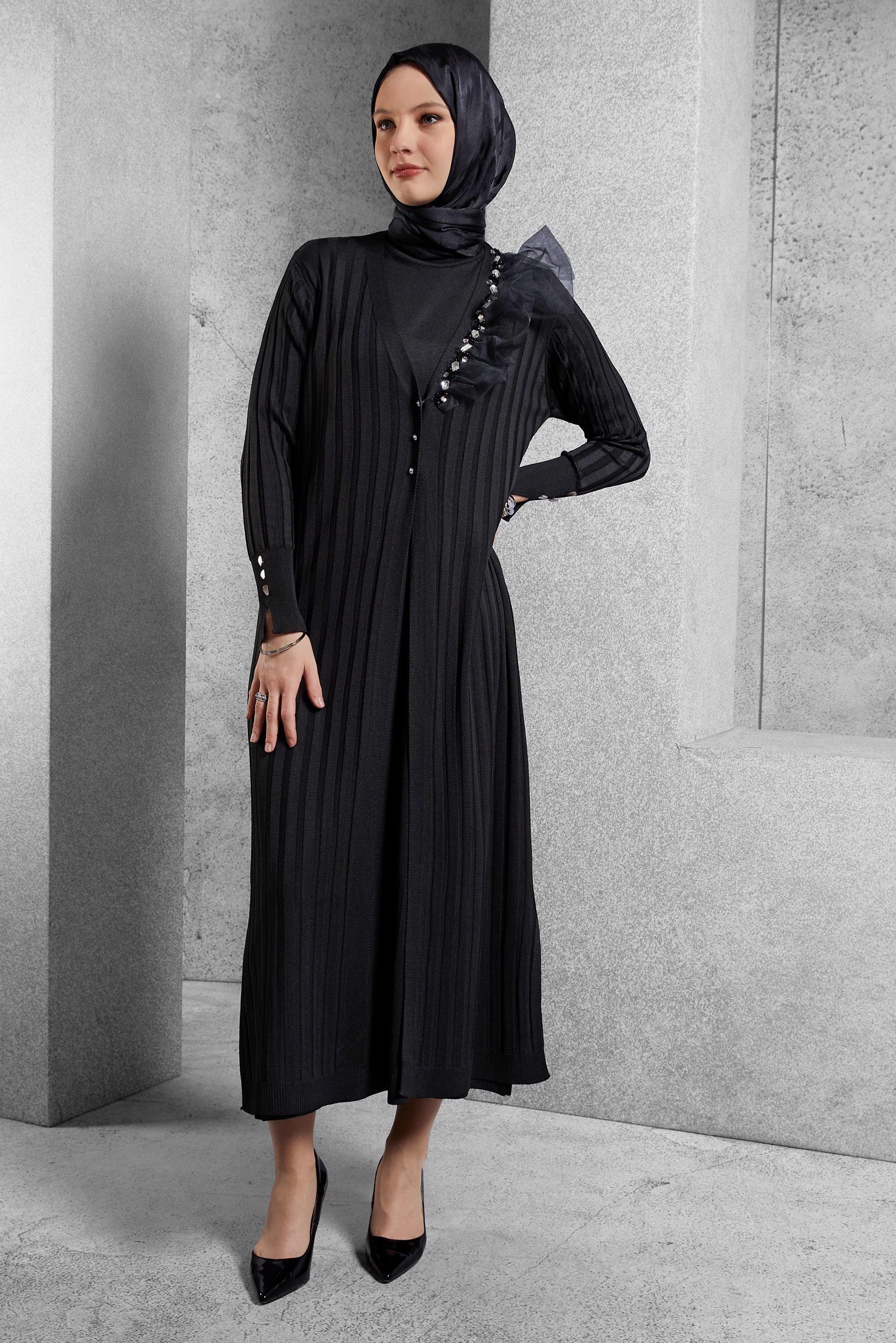 Tesettür giyim SİYAH TRİKO ELBİSE 44964
