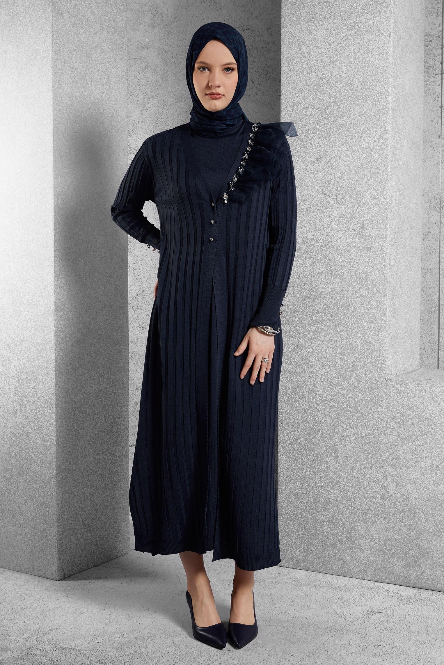 Tesettür giyim LACİVERT TRİKO ELBİSE 44964