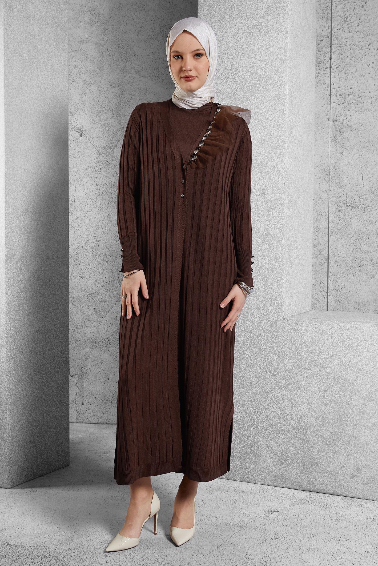 Tesettür giyim KAHVE TRİKO ELBİSE 44964
