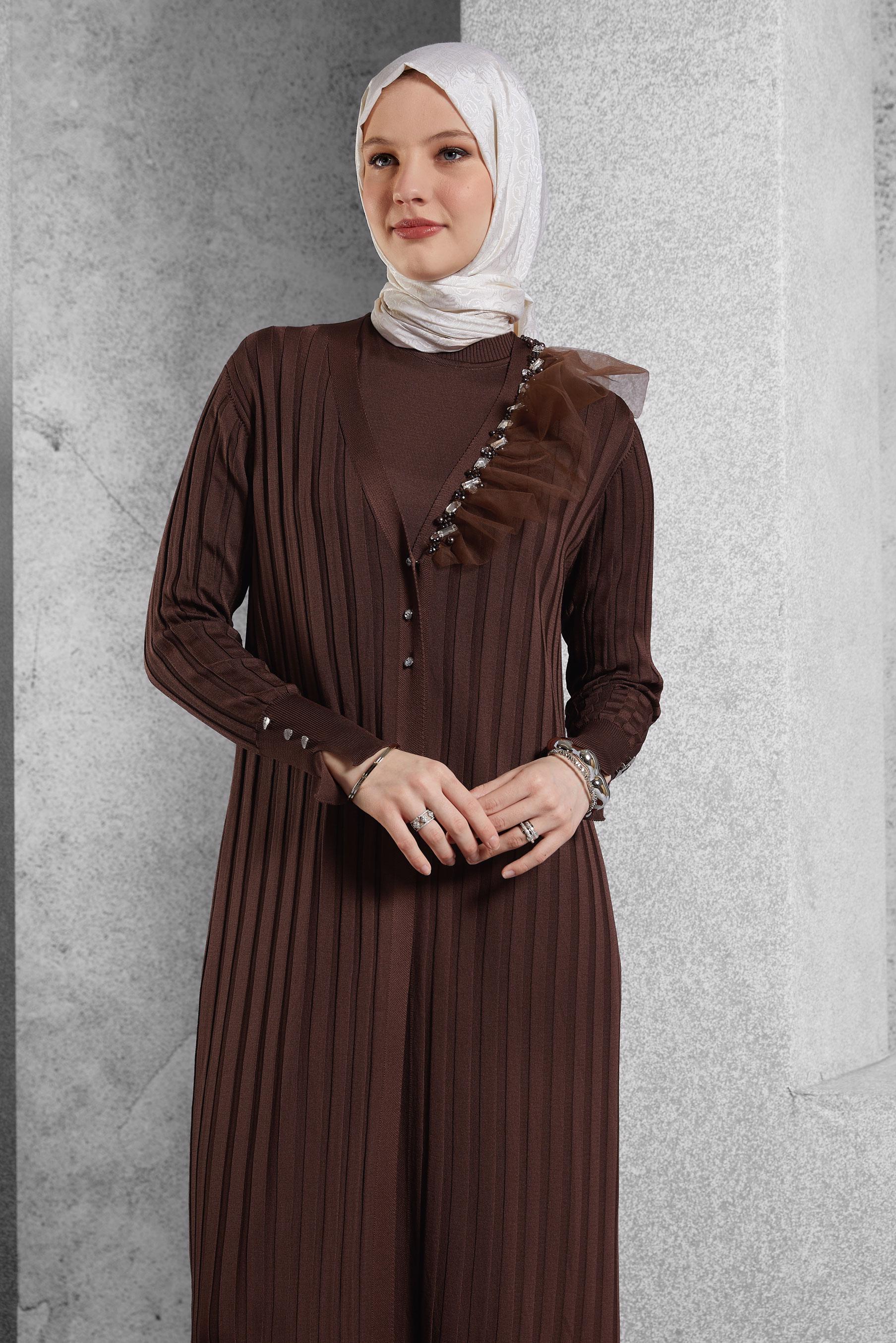 Tesettür giyim KAHVE TRİKO ELBİSE 44964