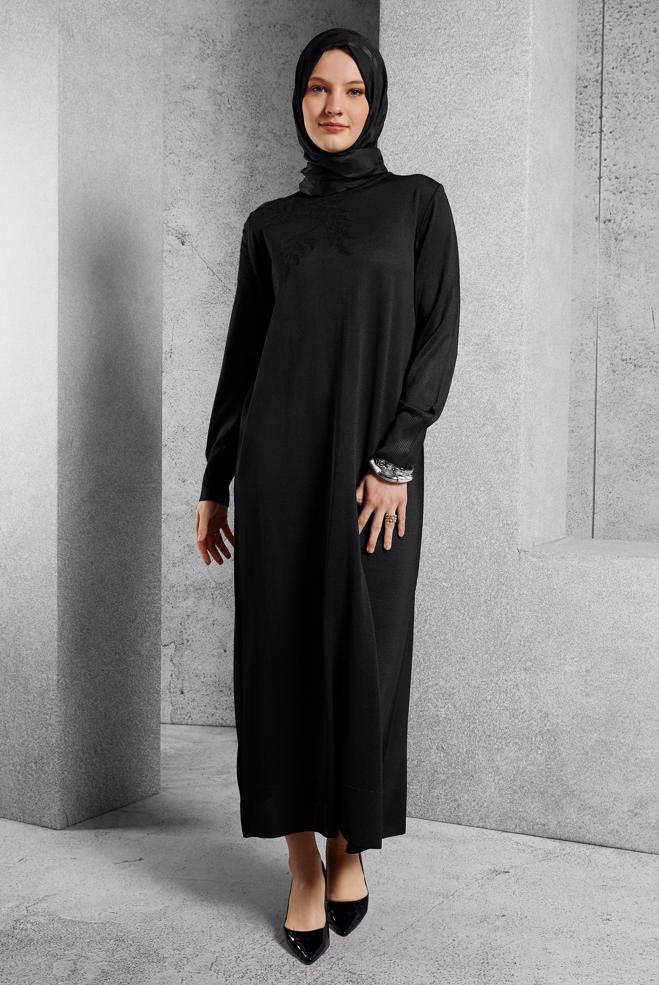 Tesettür giyim SİYAH TRİKO ELBİSE 44965 - ALVİNA