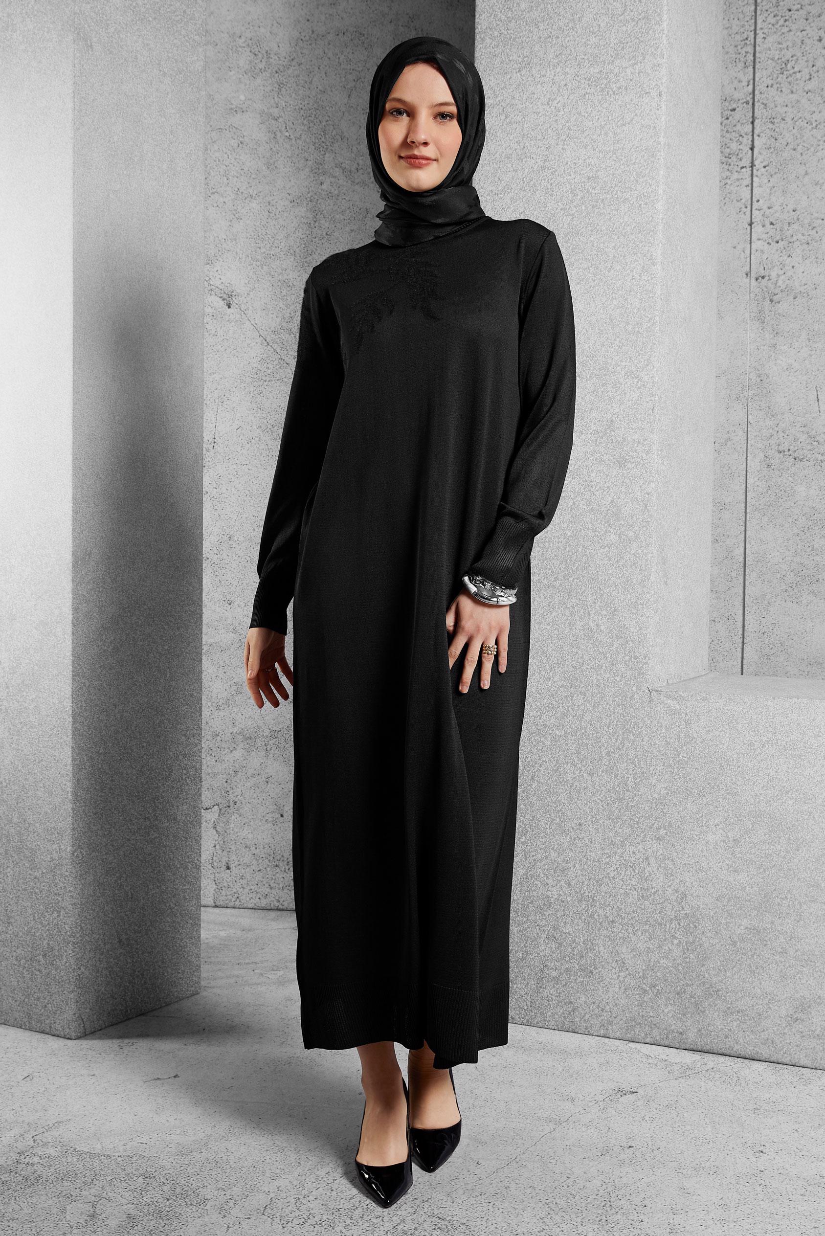 Tesettür giyim SİYAH TRİKO ELBİSE 44965