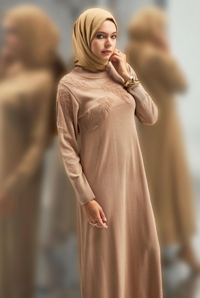Tesettür giyim KAHVE TRİKO ELBİSE 44965 - ALVİNA