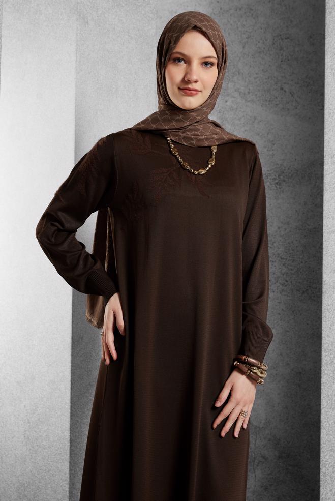 Tesettür giyim KAHVE TRİKO ELBİSE 44965 - ALVİNA