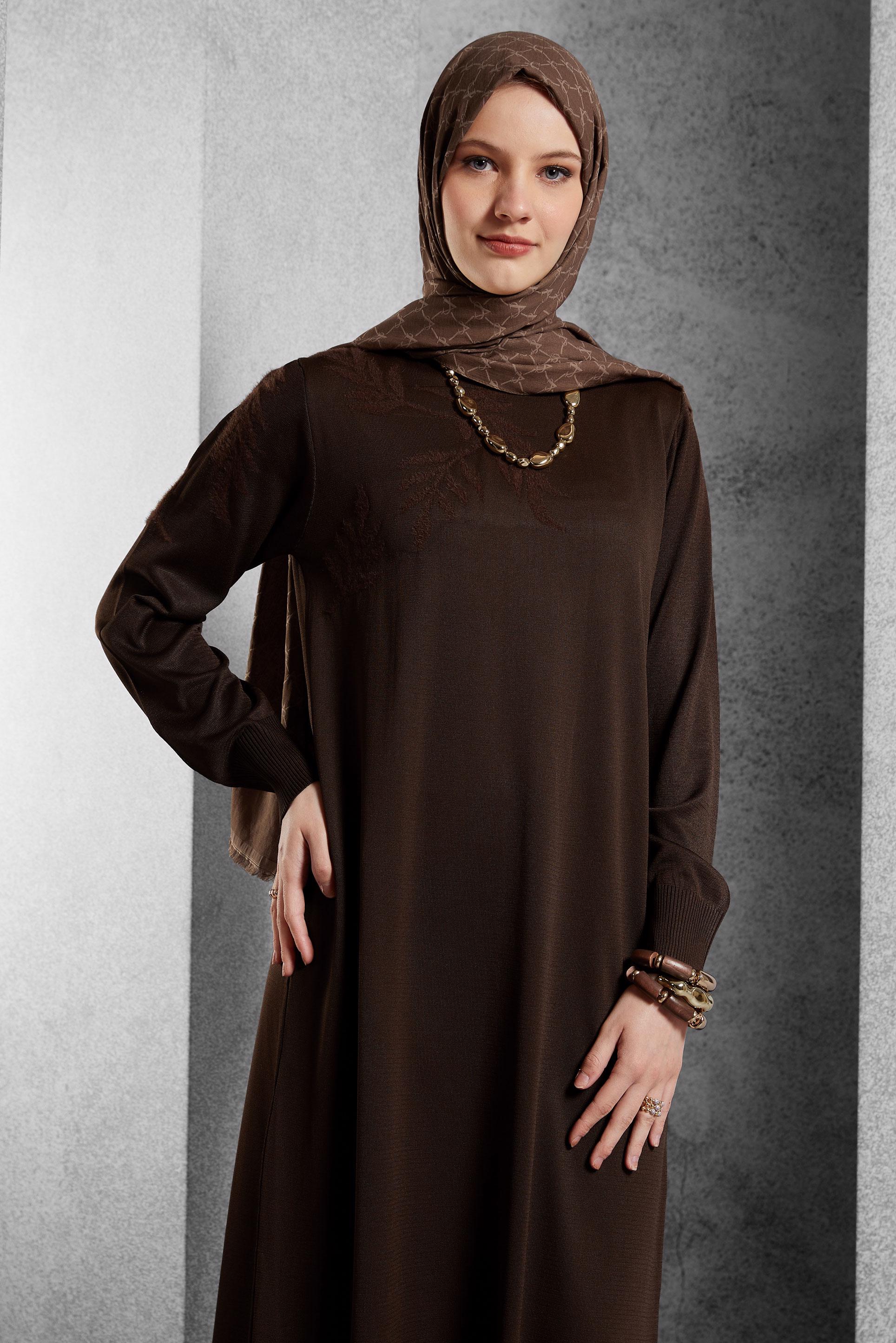 Tesettür giyim KAHVE TRİKO ELBİSE 44965