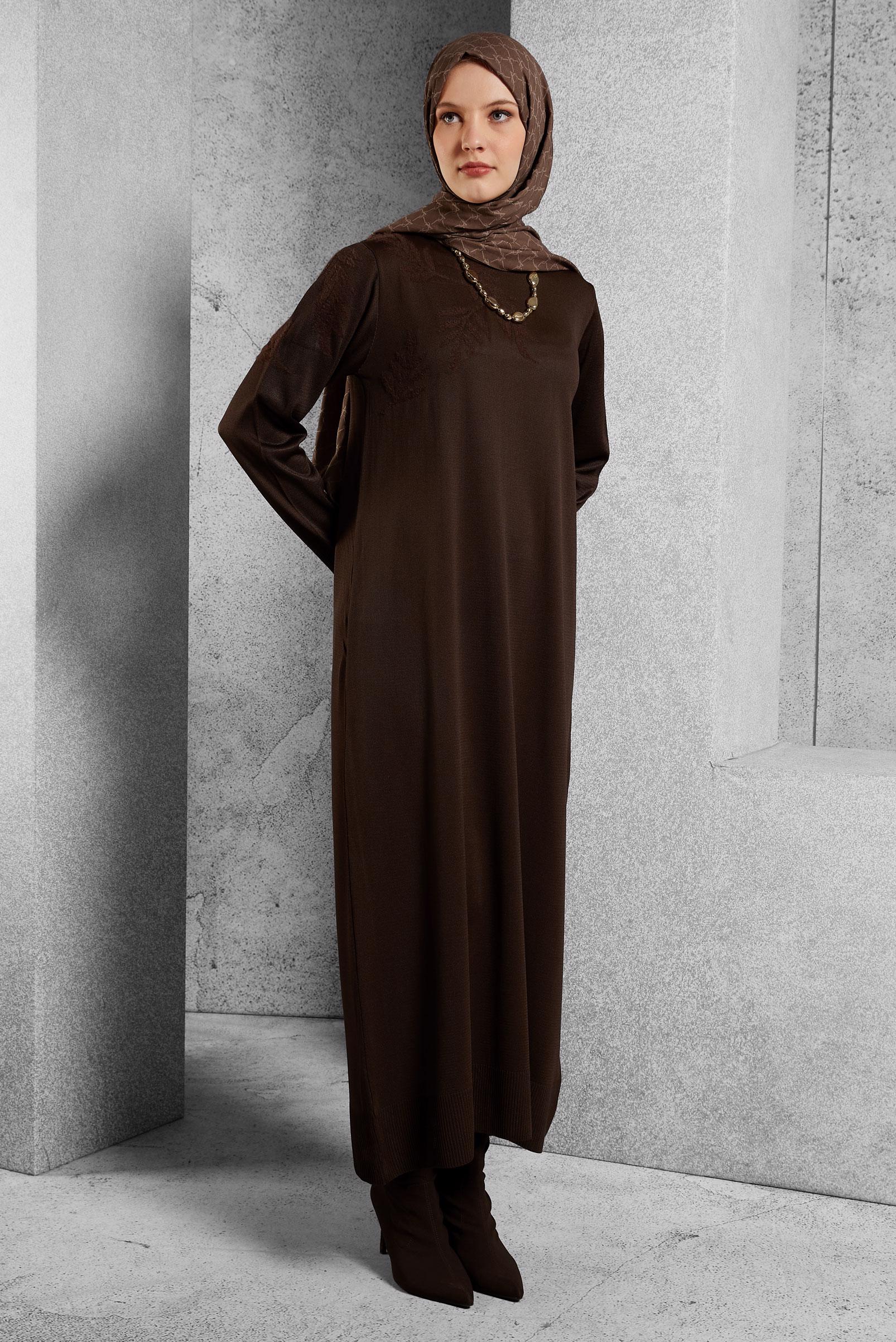 Tesettür giyim KAHVE TRİKO ELBİSE 44965