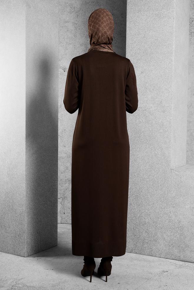 Tesettür giyim KAHVE TRİKO ELBİSE 44965 - ALVİNA