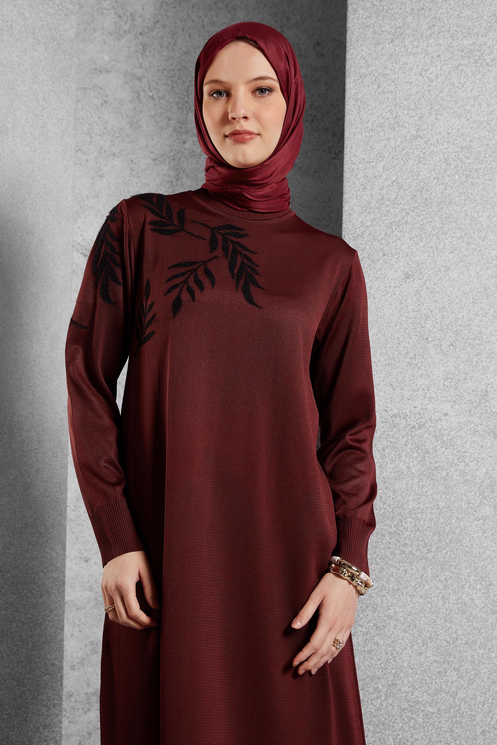 Tesettür giyim BORDO TRİKO ELBİSE 44965