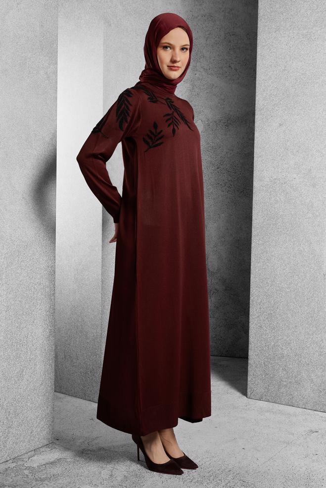 Tesettür giyim BORDO TRİKO ELBİSE 44965 - ALVİNA