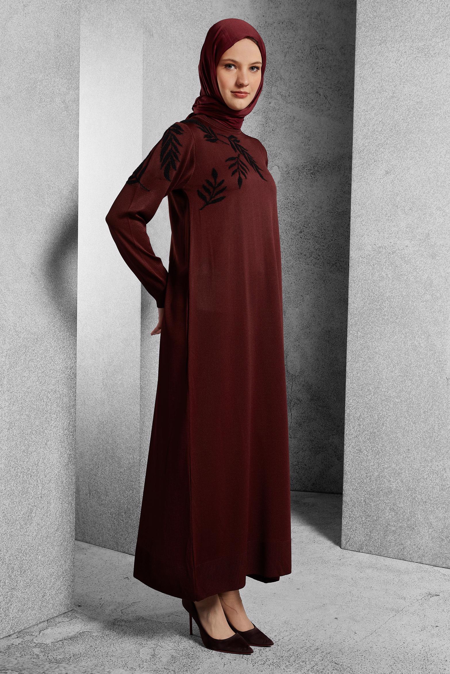 Tesettür giyim BORDO TRİKO ELBİSE 44965