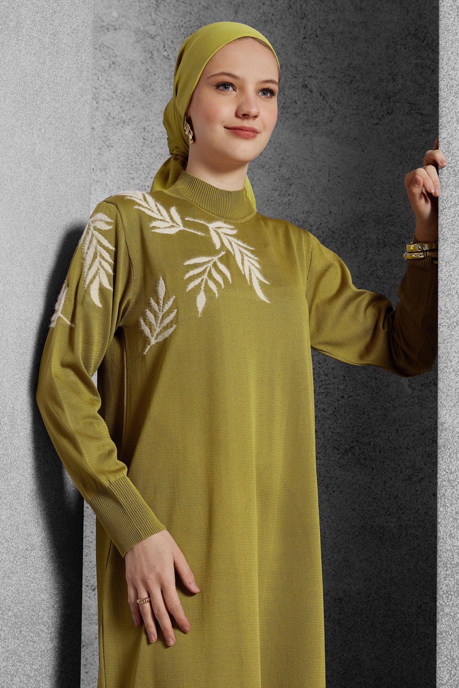 Tesettür giyim YEŞİL TRİKO ELBİSE 44965