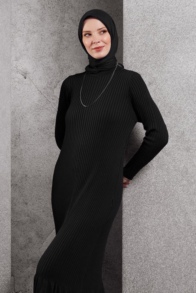 Hijab clothing BLACK KNITWEAR DRESS 44970 - ALVİNA
