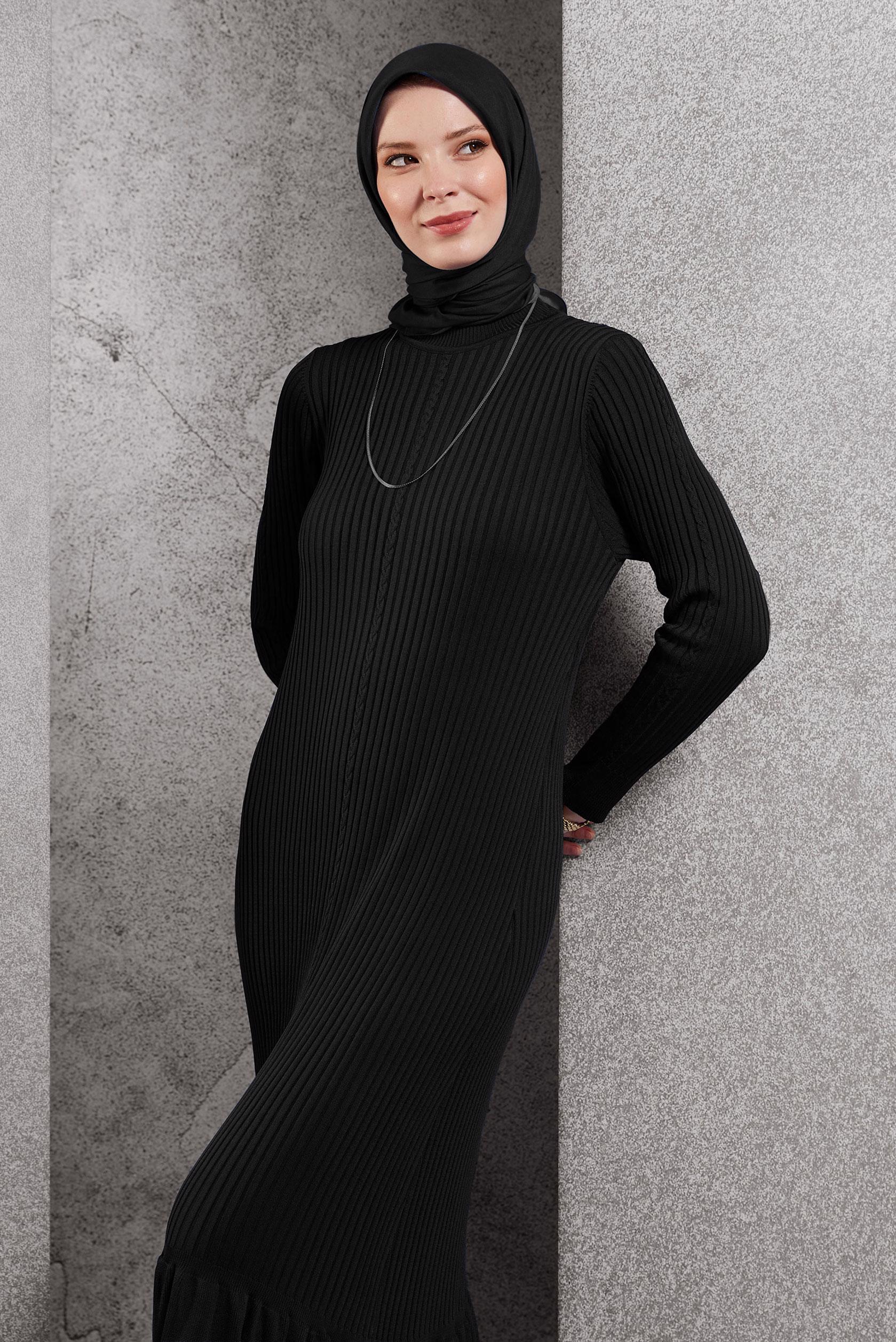 Tesettür giyim SİYAH TRİKO ELBİSE 44970