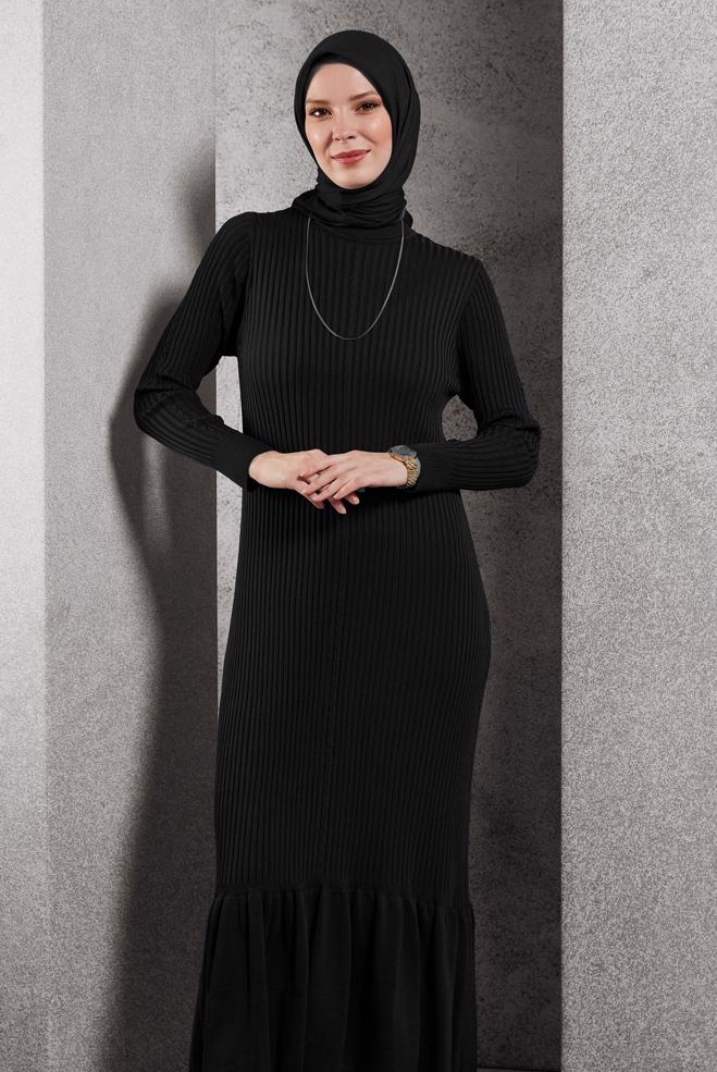 Hijab clothing BLACK KNITWEAR DRESS 44970 - ALVİNA