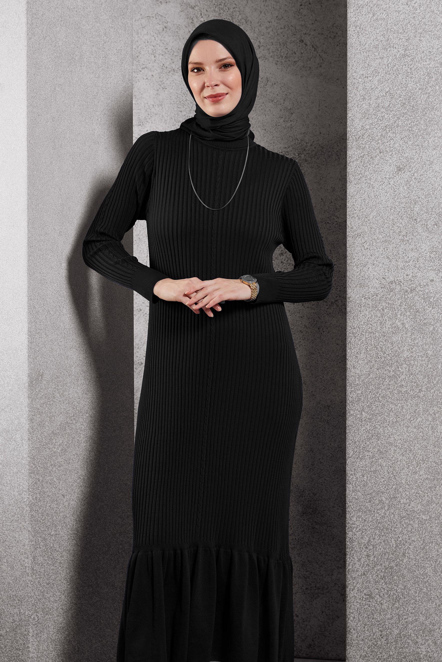 Tesettür giyim SİYAH TRİKO ELBİSE 44970