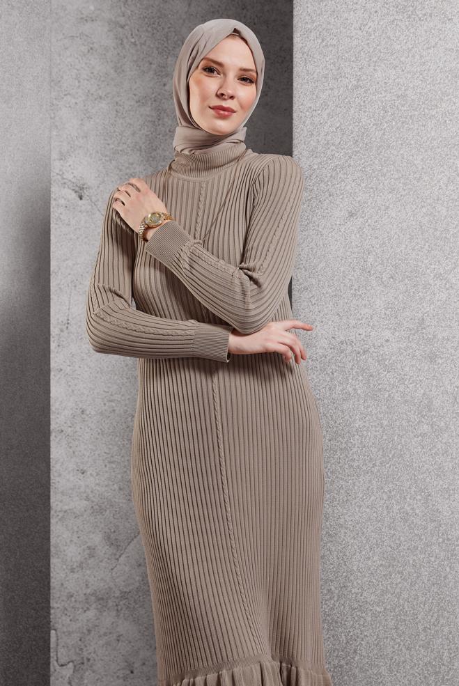 Hijab clothing BEIGE KNITWEAR DRESS 44970 - ALVİNA