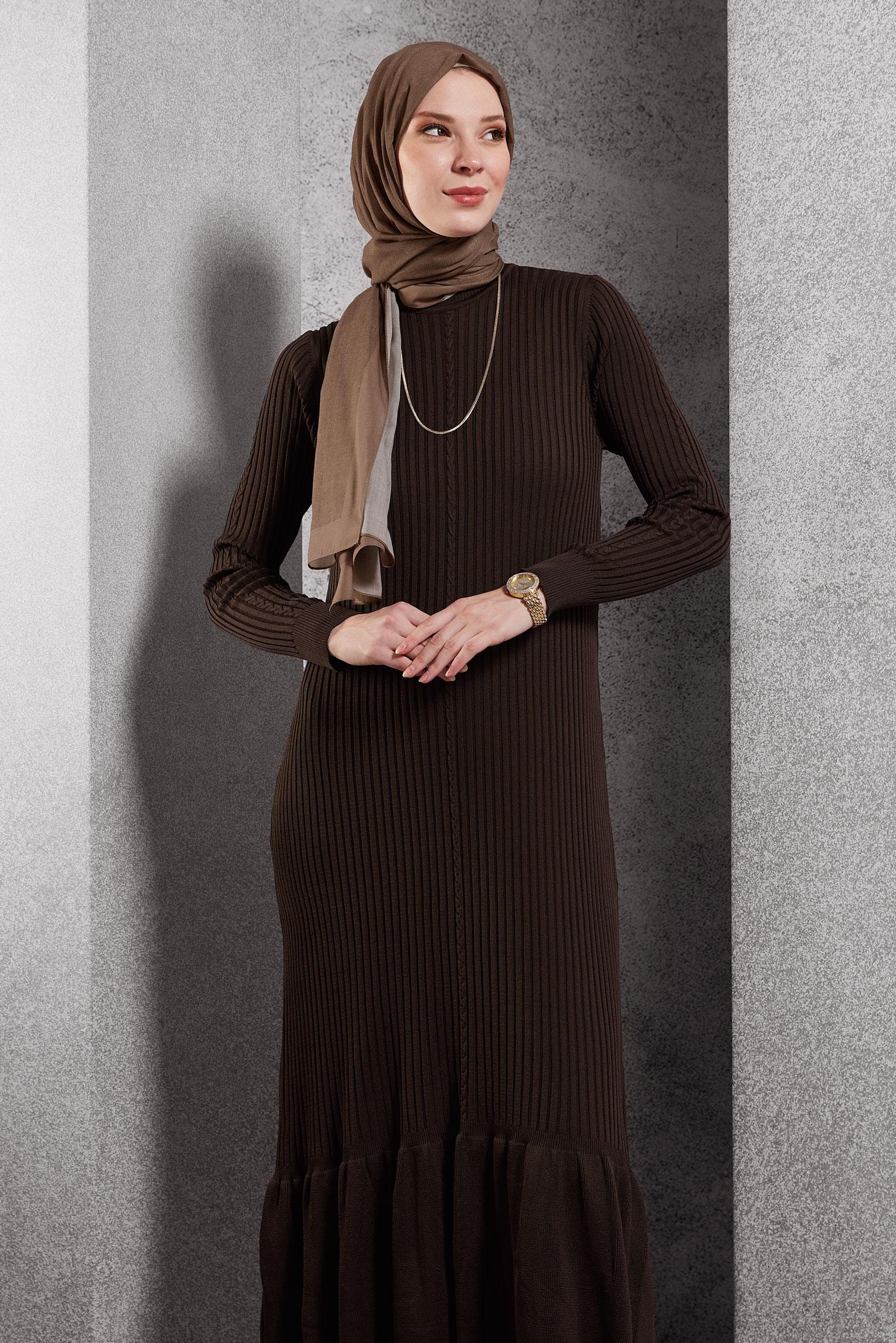 Tesettür giyim KAHVE TRİKO ELBİSE 44970