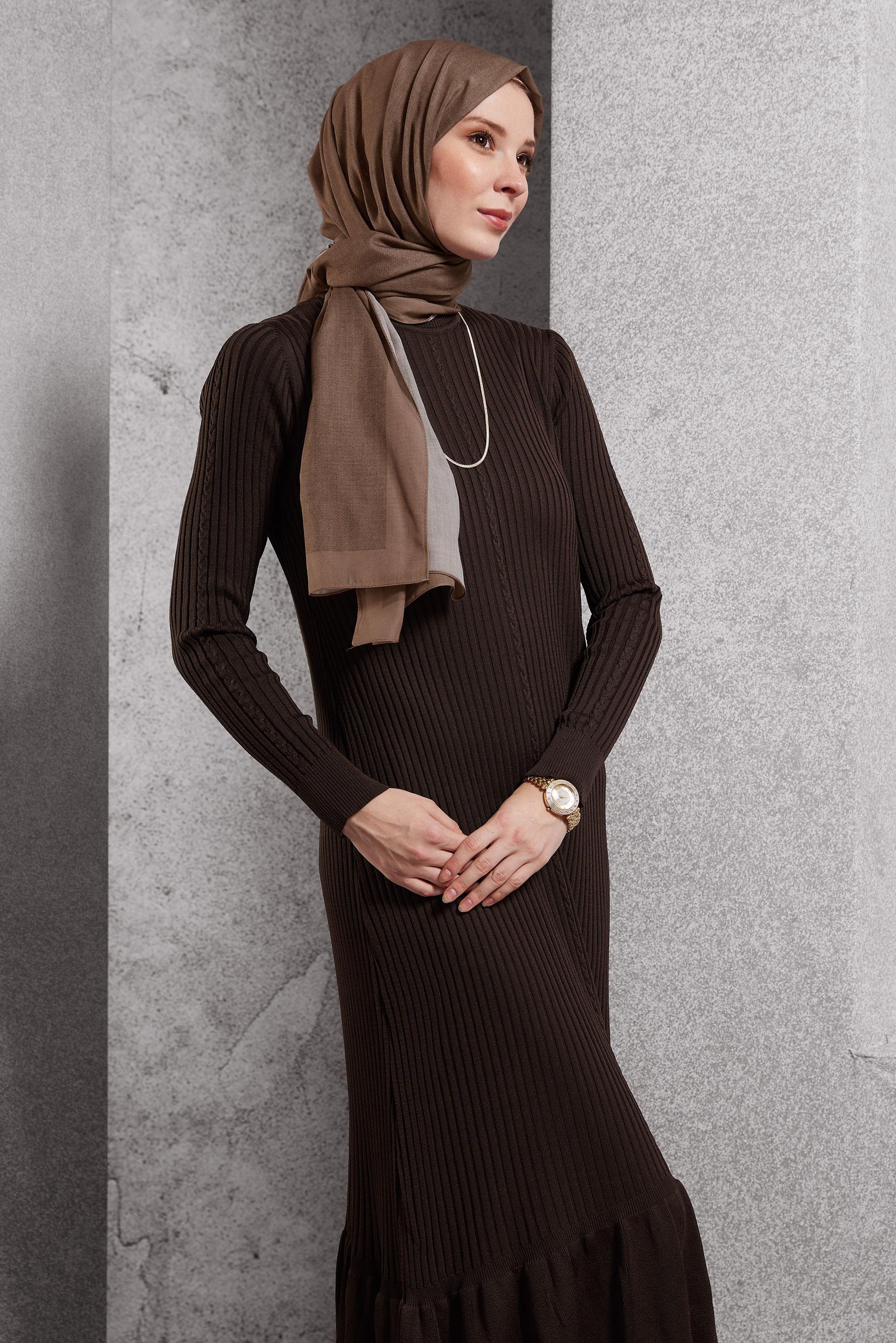 Tesettür giyim KAHVE TRİKO ELBİSE 44970