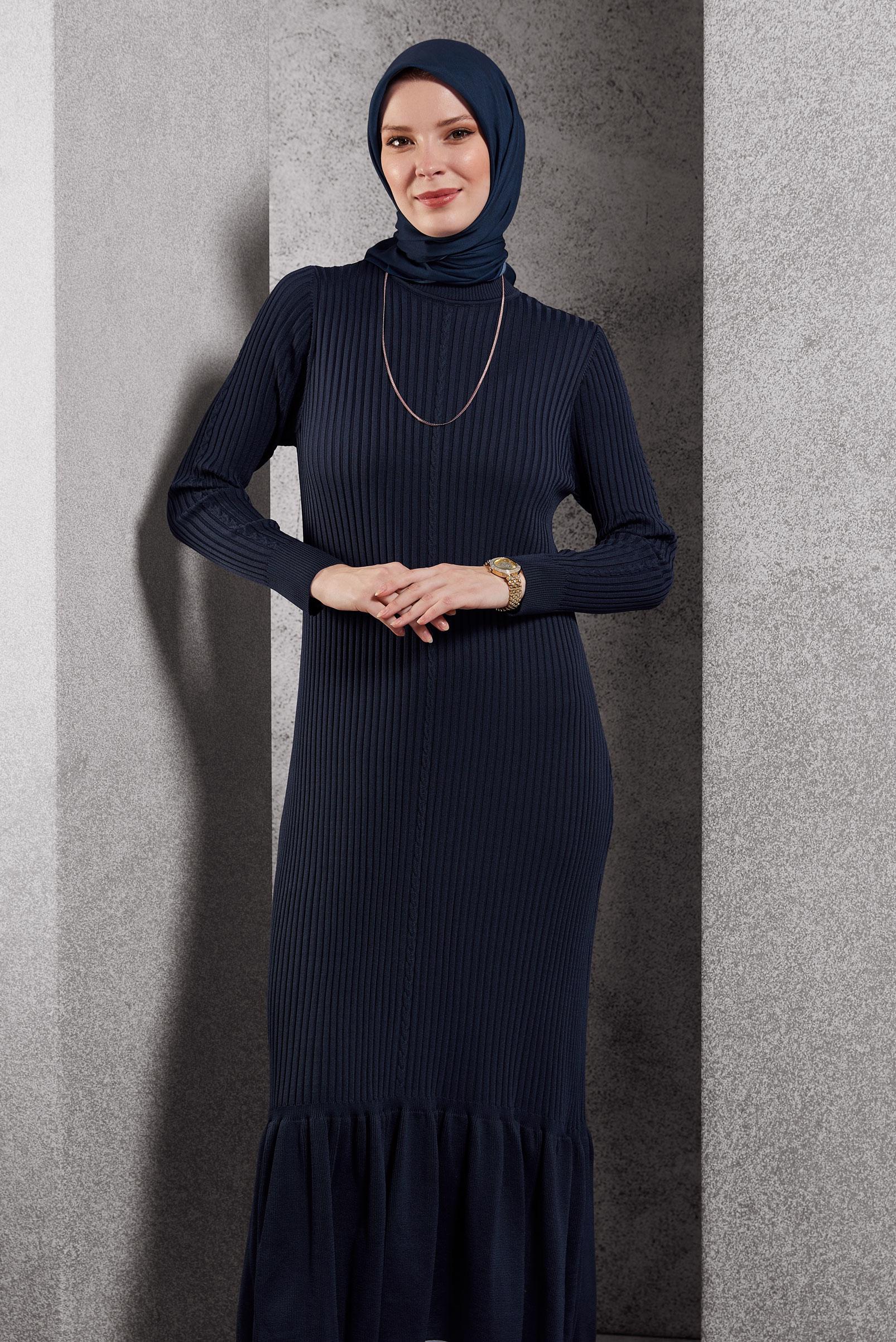 Tesettür giyim LACİVERT TRİKO ELBİSE 44970