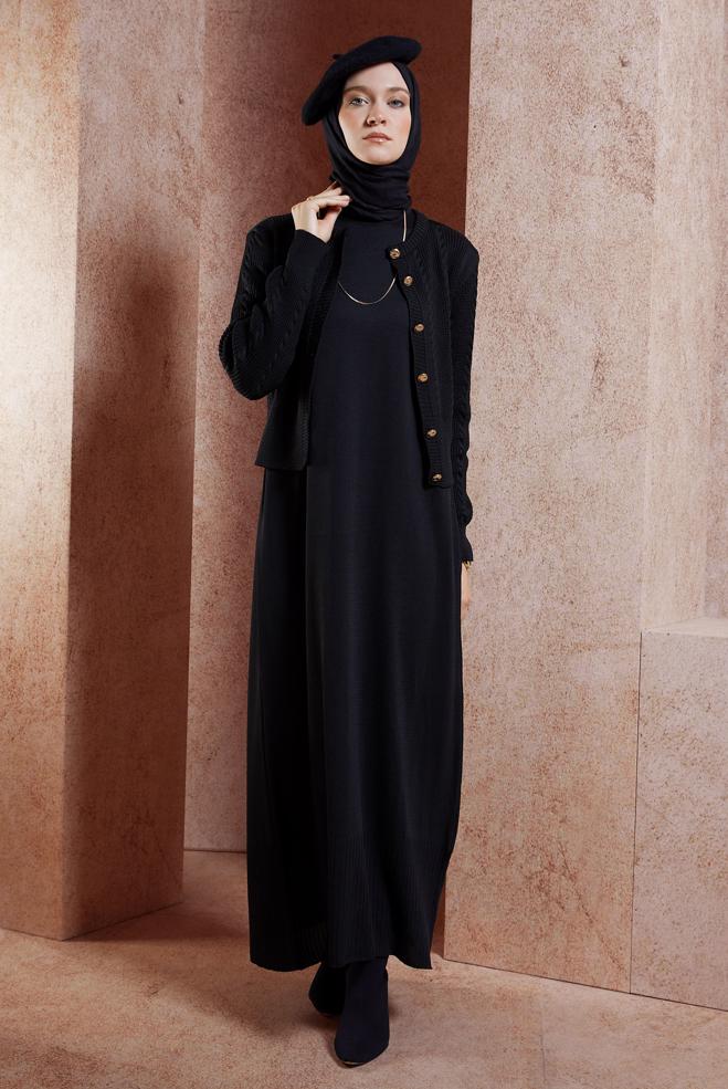 Tesettür giyim SİYAH ELBİSELİ TRİKO TAKIM 44973 - ALVİNA