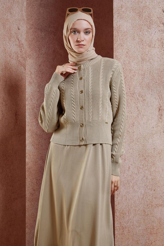 Tesettür giyim BEJ ELBİSELİ TRİKO TAKIM 44973 - ALVİNA