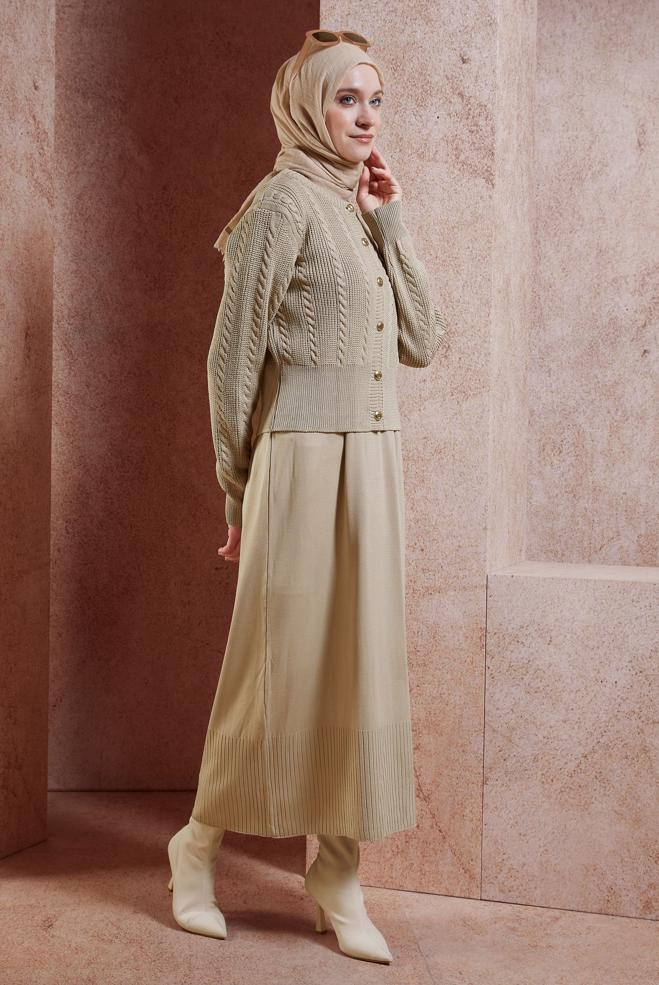 Tesettür giyim BEJ ELBİSELİ TRİKO TAKIM 44973 - ALVİNA