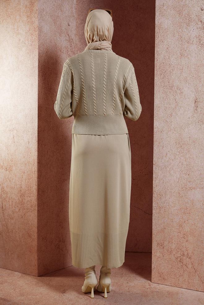Tesettür giyim BEJ ELBİSELİ TRİKO TAKIM 44973 - ALVİNA