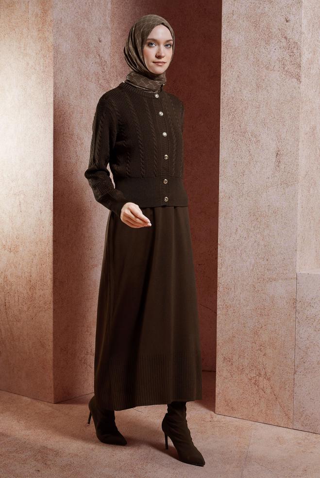 Tesettür giyim KAHVE ELBİSELİ TRİKO TAKIM 44973 - ALVİNA