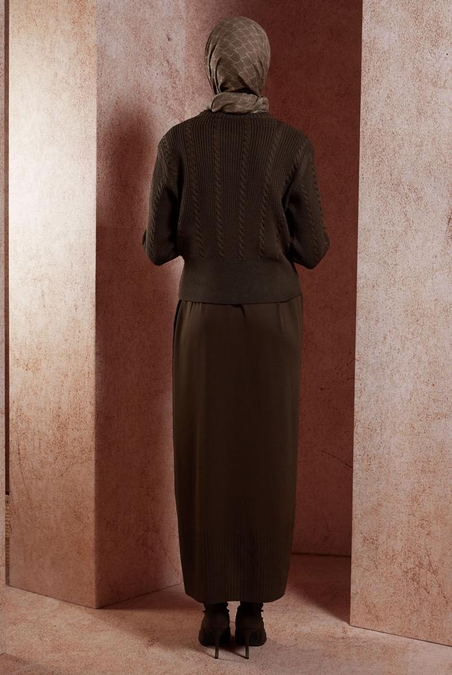 Tesettür giyim KAHVE ELBİSELİ TRİKO TAKIM 44973 - ALVİNA