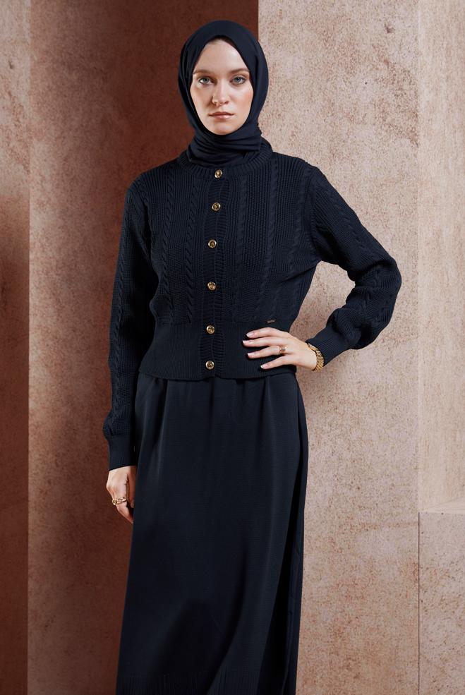 Tesettür giyim LACİVERT ELBİSELİ TRİKO TAKIM 44973 - ALVİNA