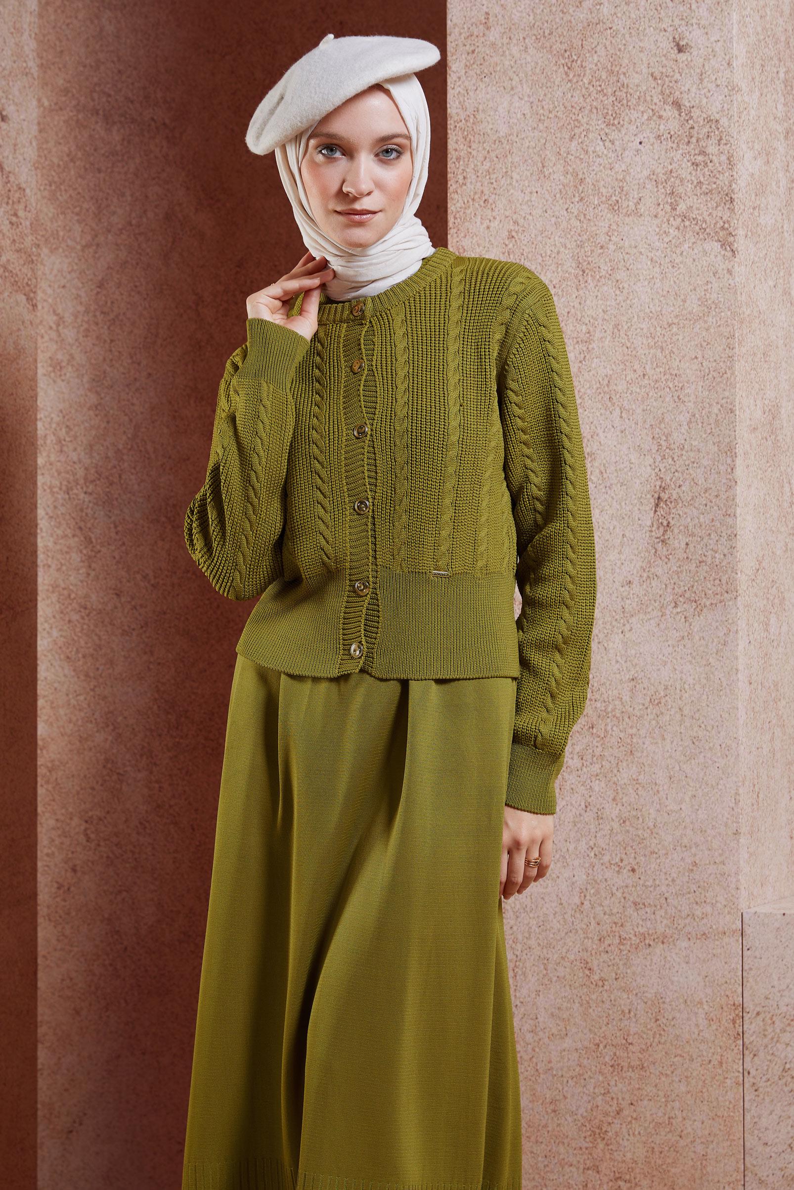 Tesettür giyim YEŞİL ELBİSELİ TRİKO TAKIM 44973