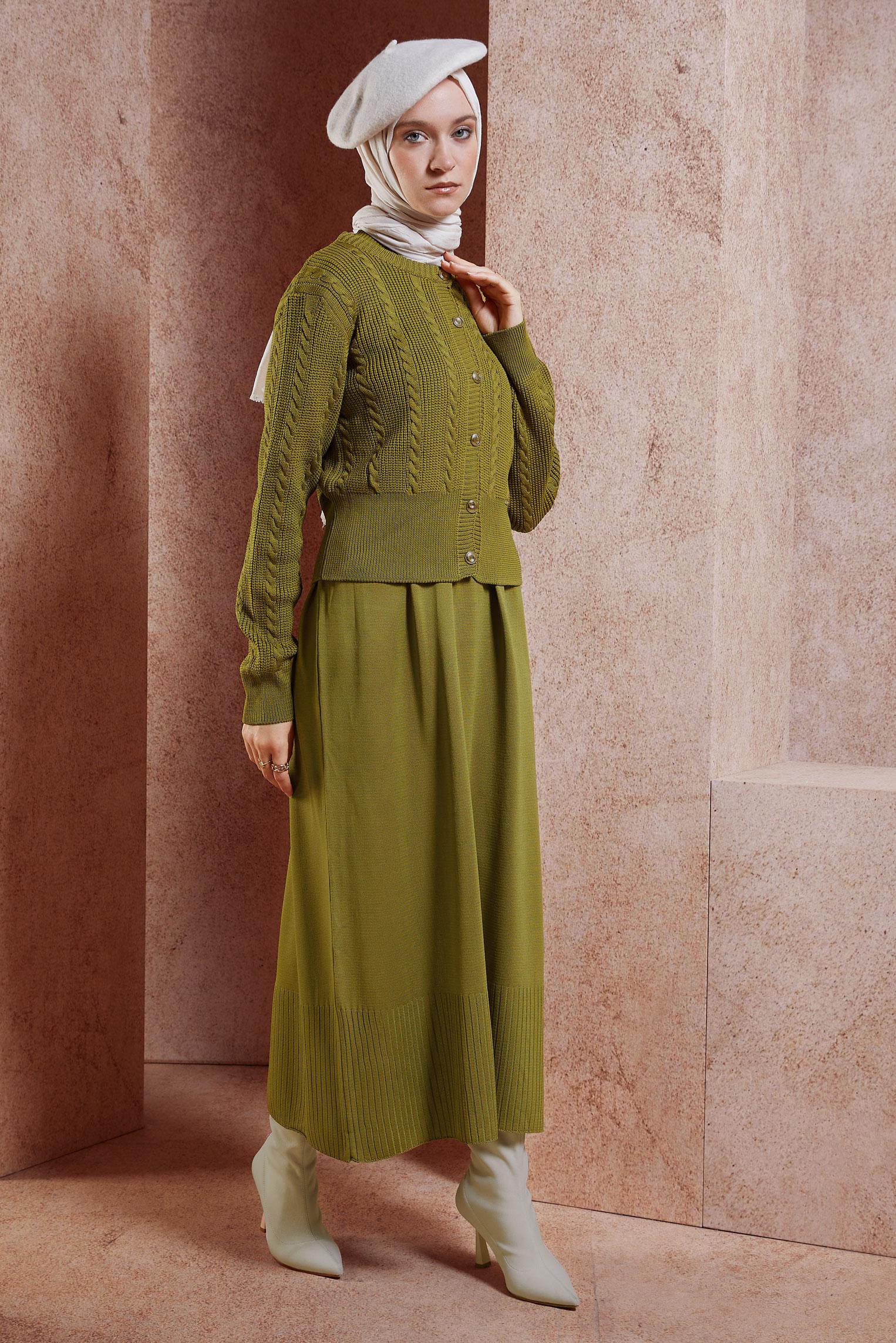 Tesettür giyim YEŞİL ELBİSELİ TRİKO TAKIM 44973