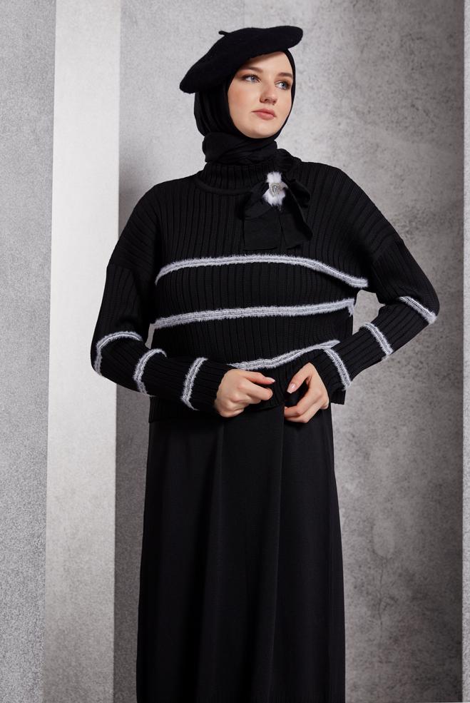 Vêtements hijab NOIR ROBE EN MAILLE AVEC BROCHE 44974 - ALVİNA