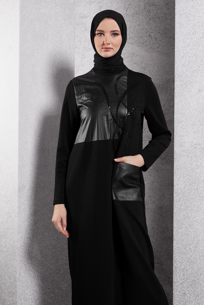 Vêtements hijab NOIR ROBE MODESTE BRODÉE DE PIERRES PRÉCIEUSES 45058 - ALVİNA