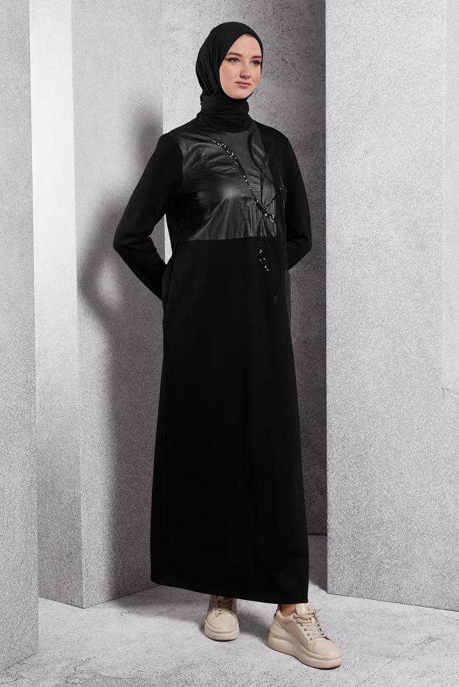 Vêtements hijab NOIR ROBE MODESTE BRODÉE DE PIERRES PRÉCIEUSES 45058 - ALVİNA
