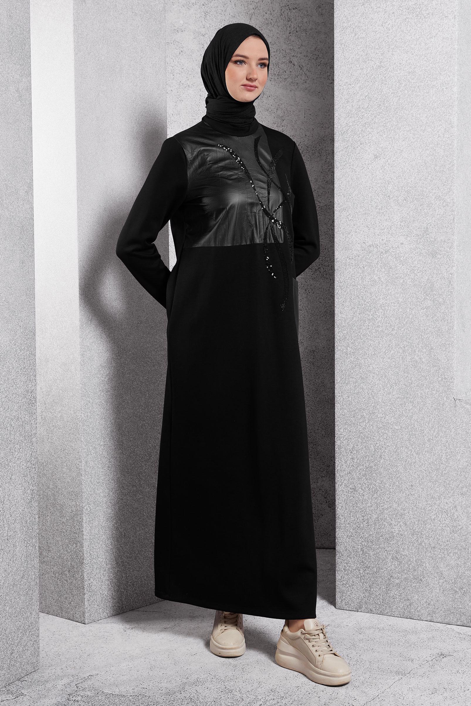 Vêtements hijab NOIR ROBE MODESTE BRODÉE DE PIERRES PRÉCIEUSES 45058