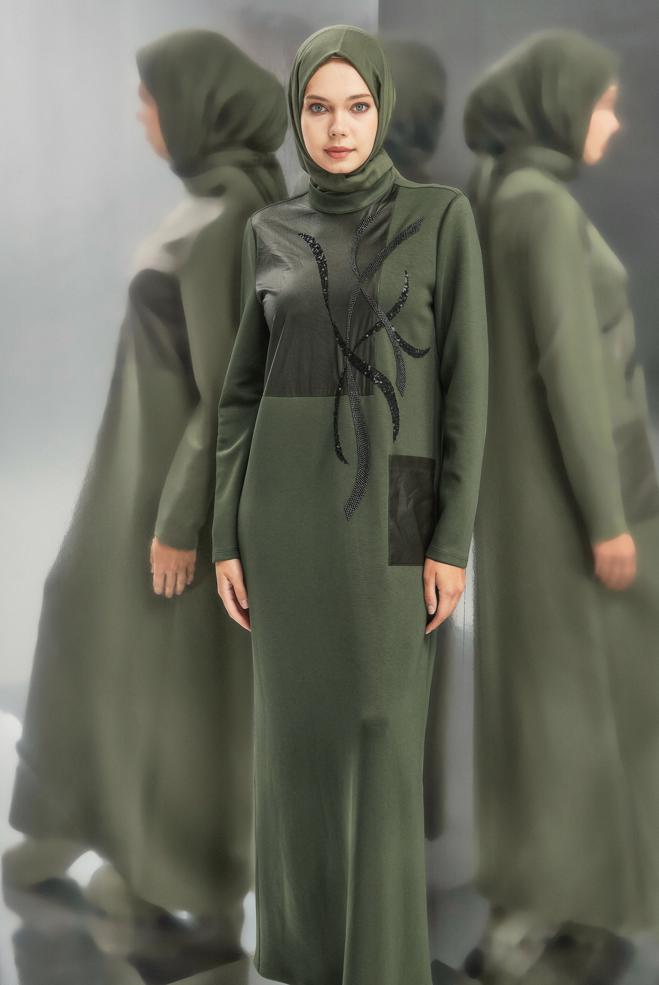 Vêtements hijab KAKI ROBE MODESTE BRODÉE DE PIERRES PRÉCIEUSES 45058 - ALVİNA