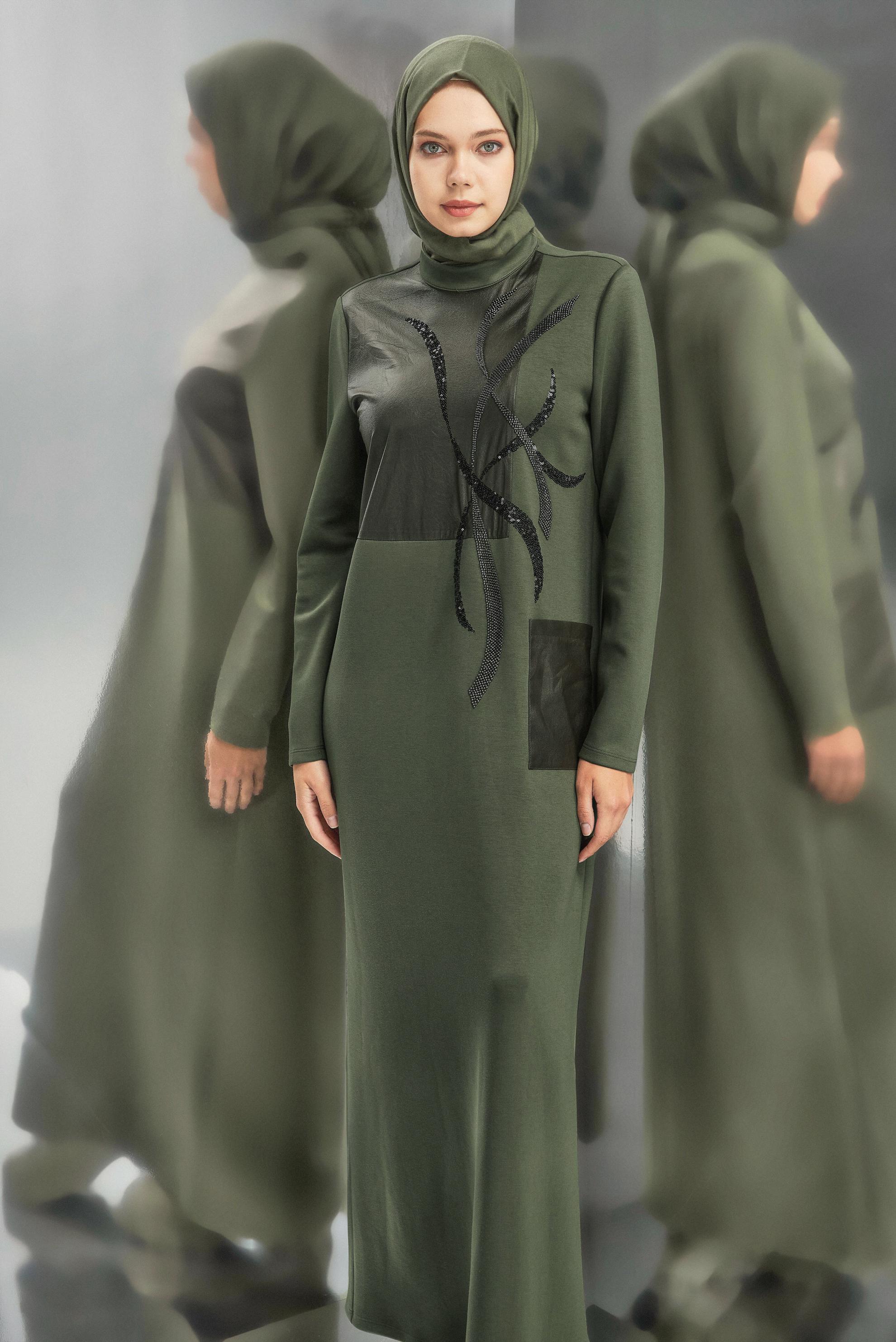 Hijab clothing KHAKI GEM EMBROIDERED MODEST DRESS 45058